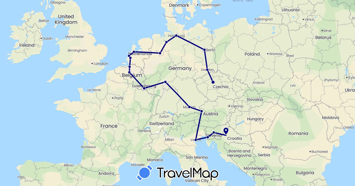 TravelMap itinerary: driving in Austria, Belgium, Czech Republic, Germany, Croatia, Italy, Luxembourg, Netherlands, Slovenia (Europe)